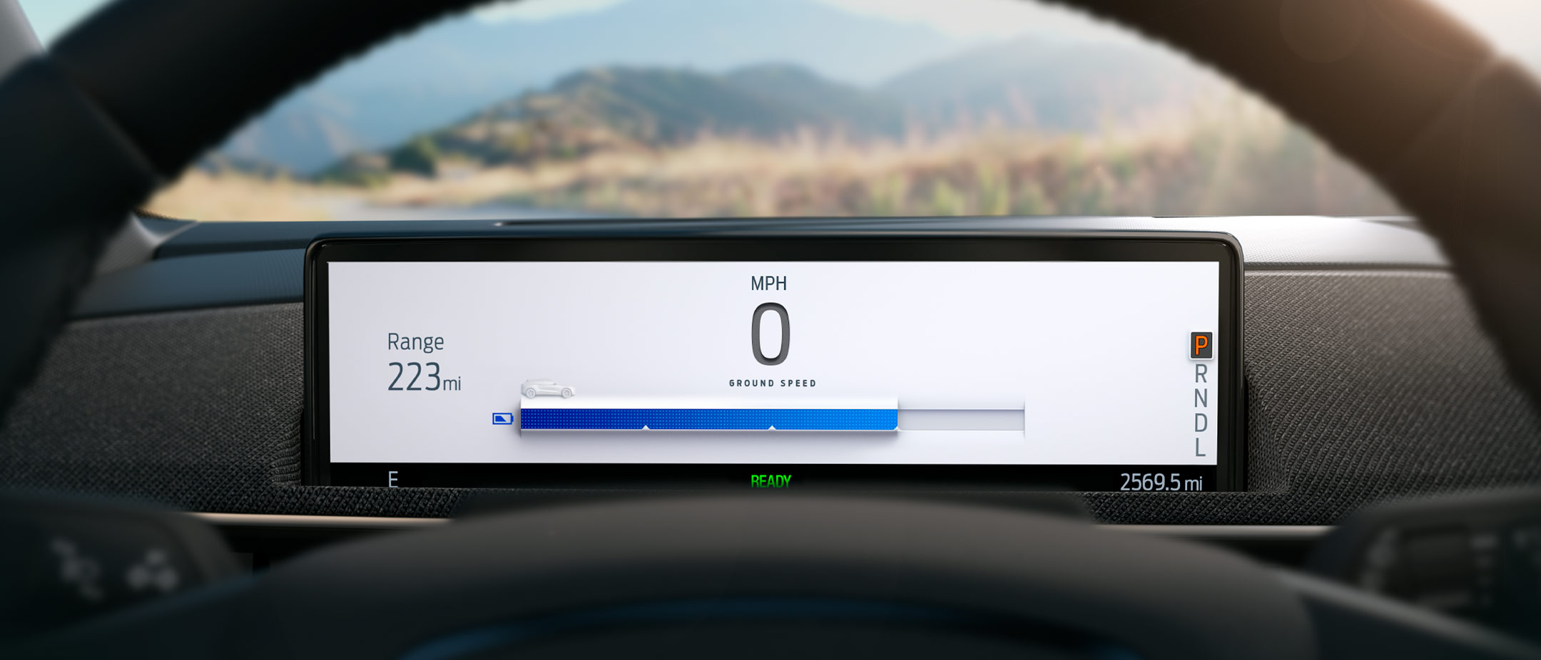 Close-up of a interactive panel showing range and speed