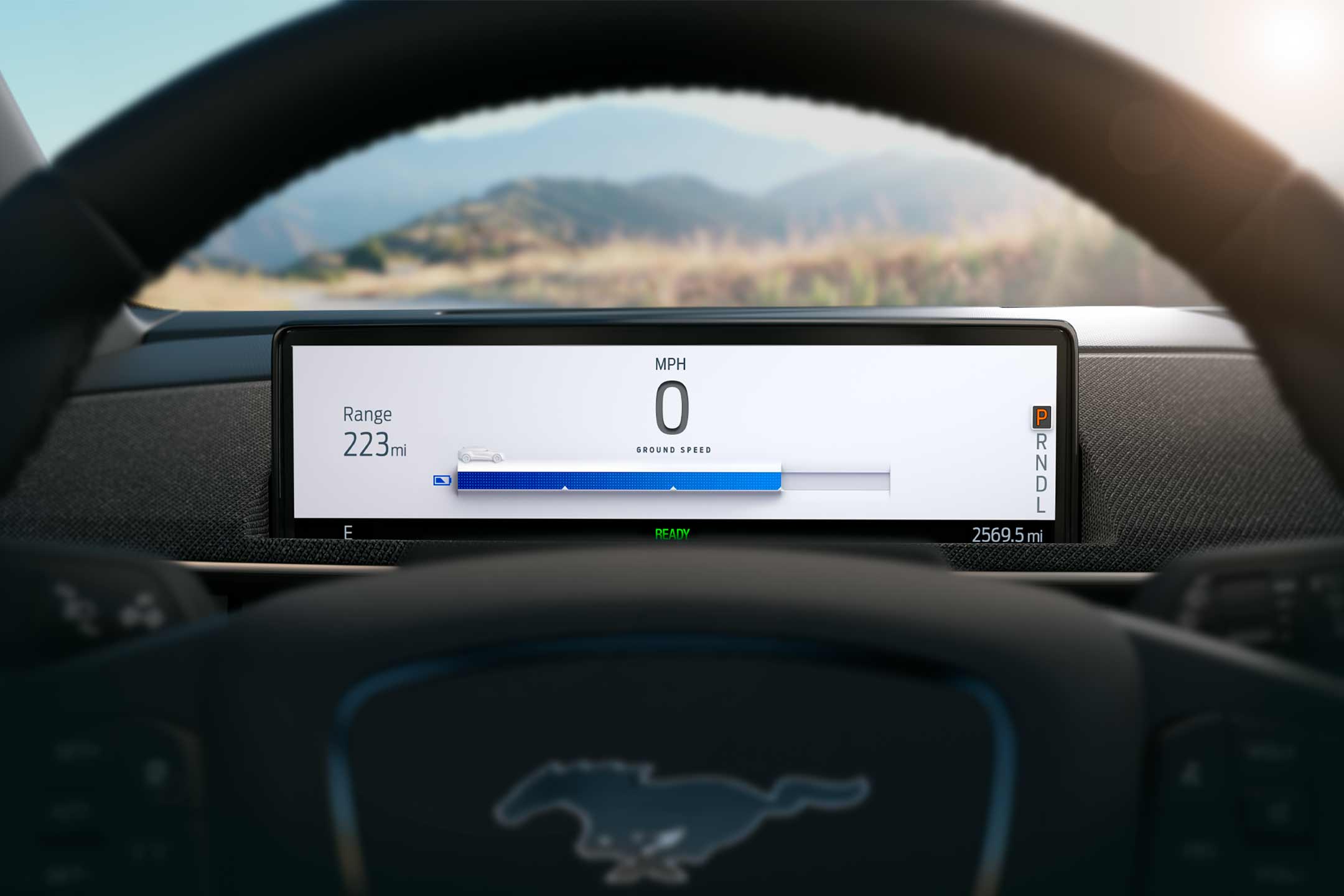 Close-up of a interactive panel showing range and speed