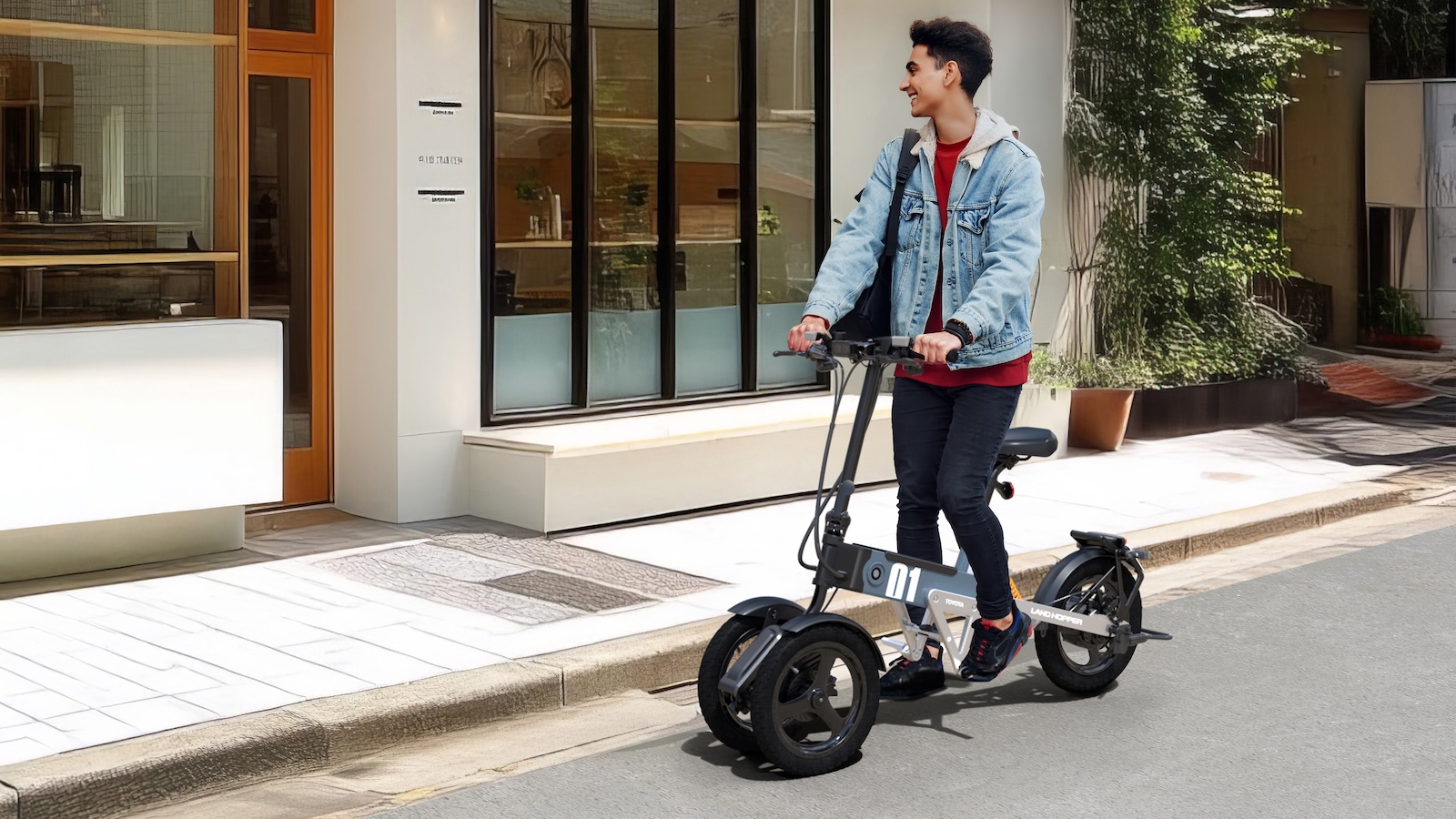 Handsome Young Guy In Casual Clothes Riding Electric Schooter Outdoors At Sunny Daytime