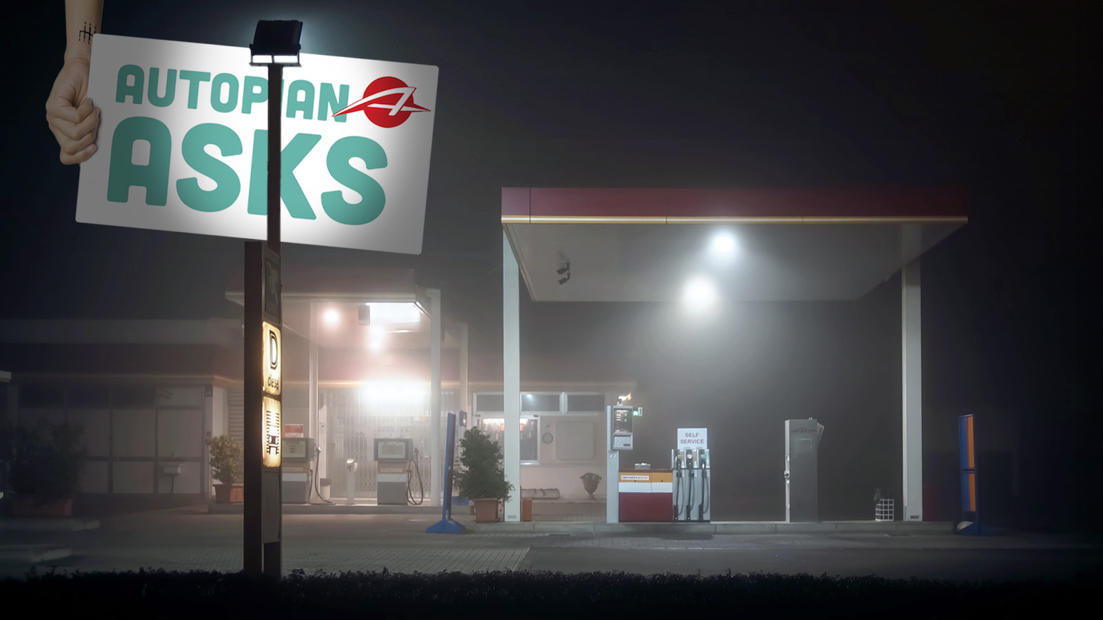 Deserted gas station immersed in fog at night illuminating the s Deserted Gas Station Immersed In Fog At Night Illuminating The S