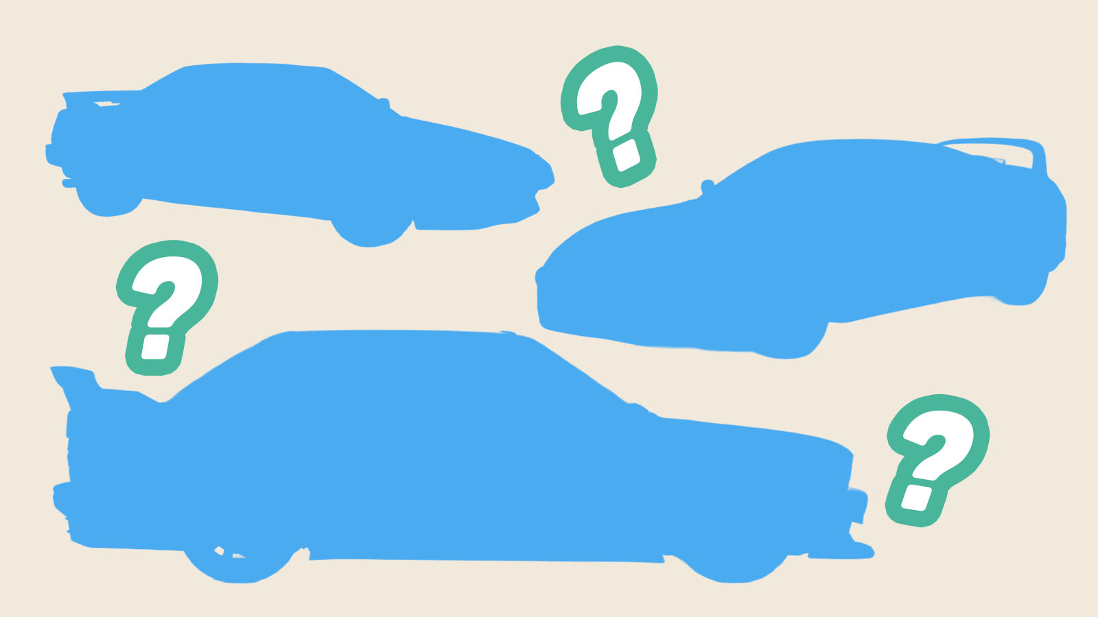 Three silhouettes of cars with question marks