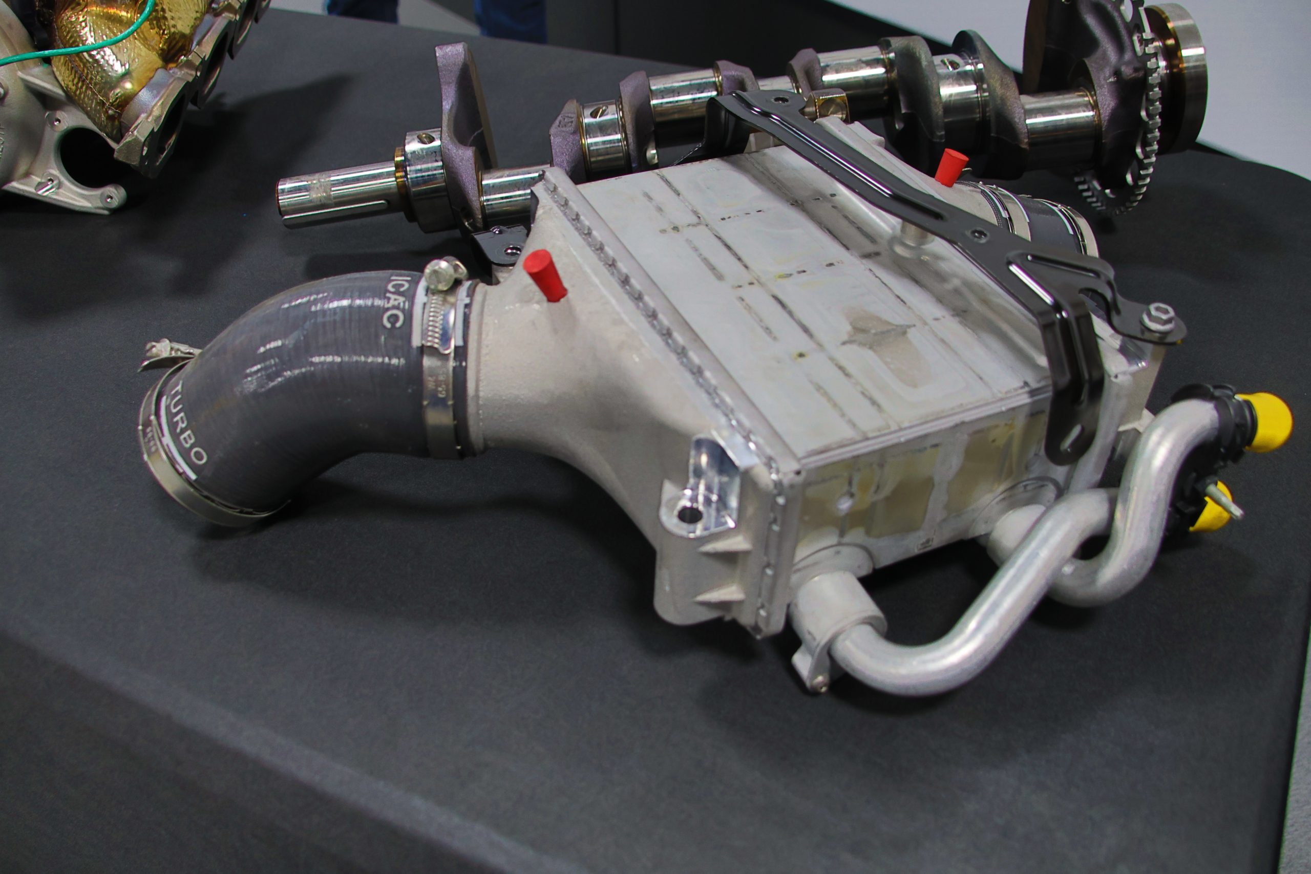 Each LT7 turbo feeds into an air-to-liquid intercooler
