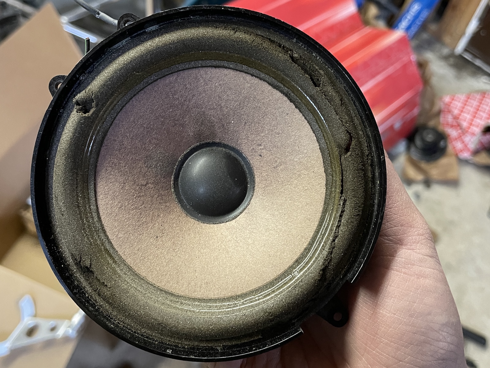 Over time, speakers can degrade due to environmental exposure such as ultraviolet light and humidity. The torn, brittle foam surround on this speaker has clearly deteriorated in the past quarter-century.