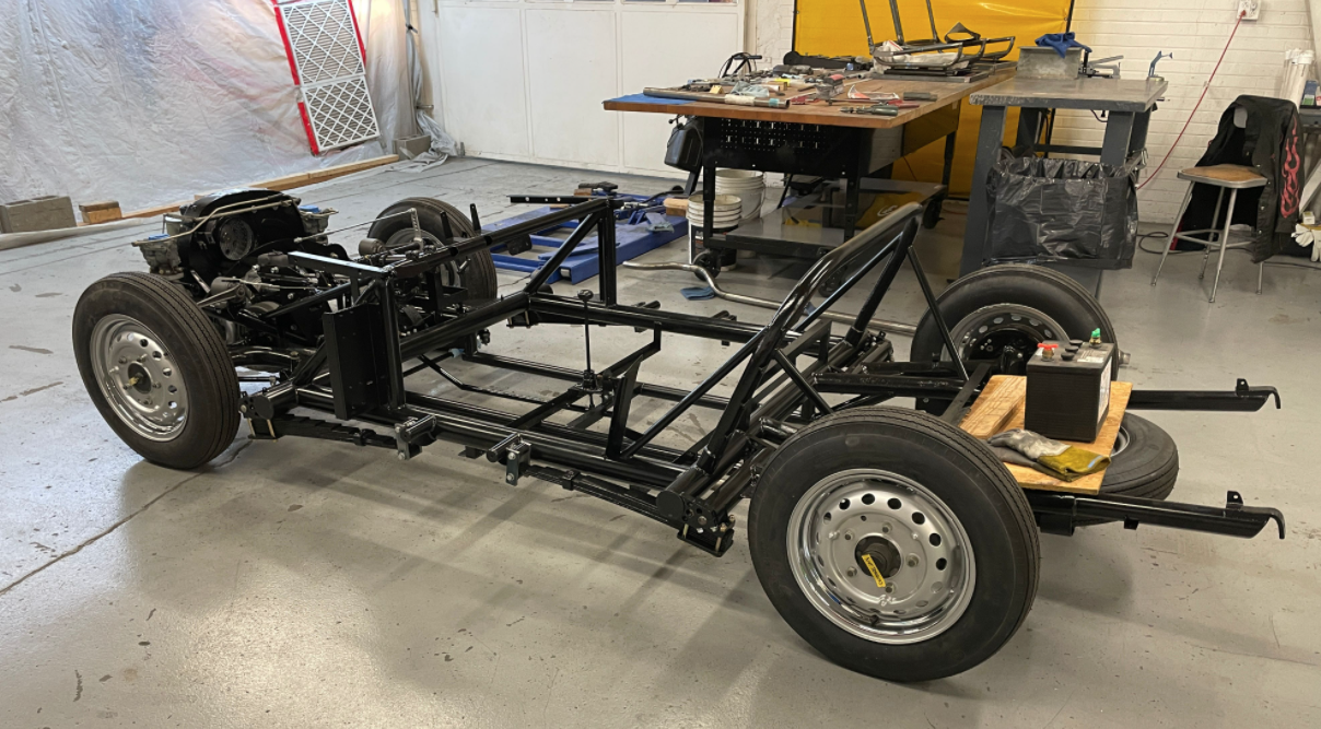 The chassis of the Gregory Sports Roadster in the museum workshop