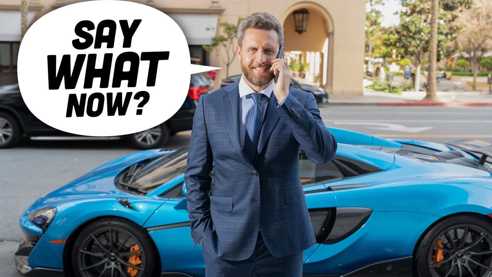 Salesman Speaking On Mobile Phone. Rich Guy Rent Car