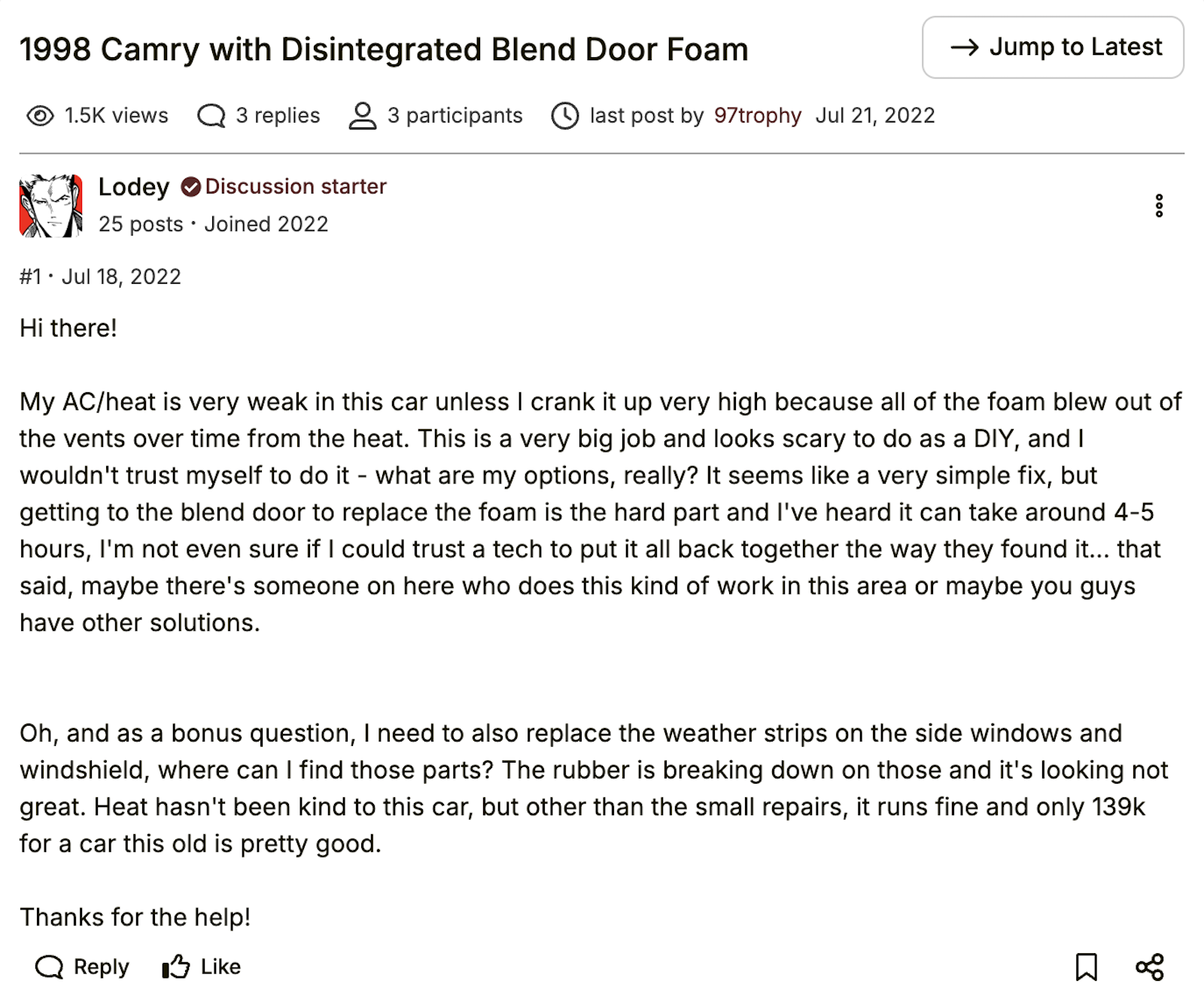 Camry Blend Door Foam