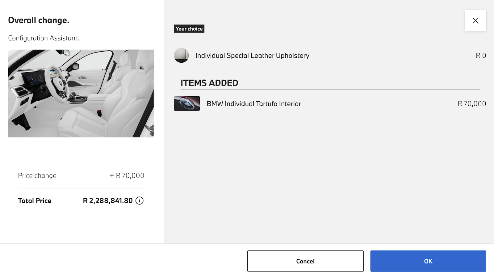 White M3 Interior Configurator Warning Pop Up